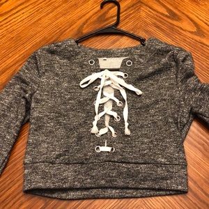 Long Sleeve Grey and White Lace Up Crop Sweatshirt